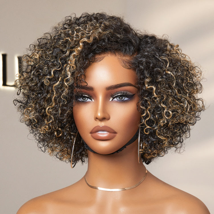 Luvme minimalist lace wig with short curly style, HD lace, glueless design, 100% human hair, side part, pre-cut lace.