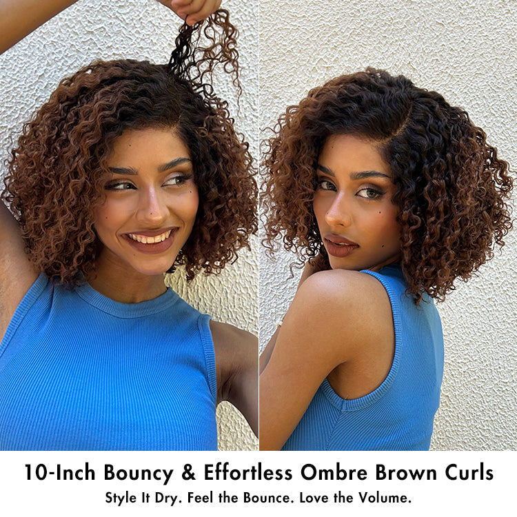 Luvme short curly minimalist HD lace glueless side part wig made of 100% human hair, pre-cut lace, and natural curl pattern.