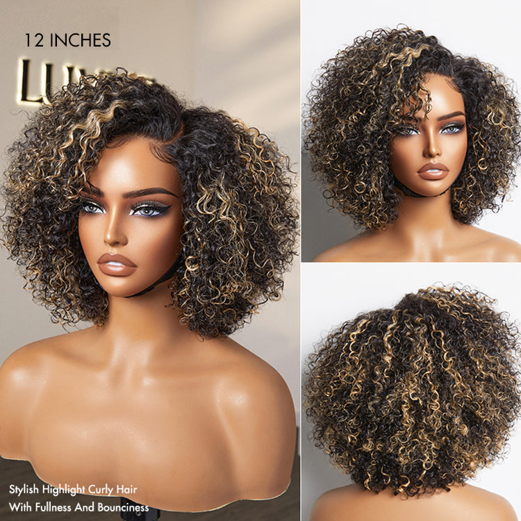 Luvme trendy short curly minimalist HD lace glueless side part wig made of 100% human hair with pre-cut lace.