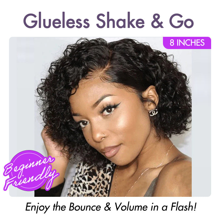 Luvme minimalist lace wig with short, curly human hair, glueless side part style, pre-cut lace for easy wear.