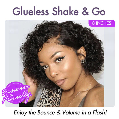 Luvme minimalist lace wig with short, curly human hair, glueless side part style, pre-cut lace for easy wear.