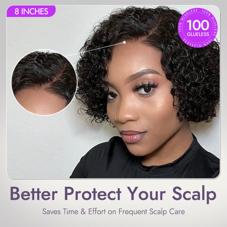 Luvme short cut curly minimalist HD lace glueless side part wig made of 100% human hair with pre-cut lace, natural hairstyle.