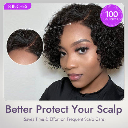 Luvme short cut curly minimalist HD lace glueless side part wig made of 100% human hair with pre-cut lace, natural hairstyle.