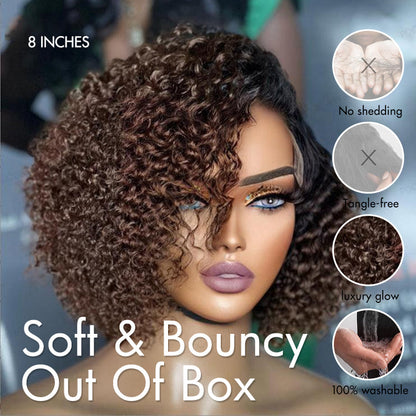 Luvme short cut curly minimalist HD lace glueless side part wig made of 100% human hair, pre-cut lace for easy wear.