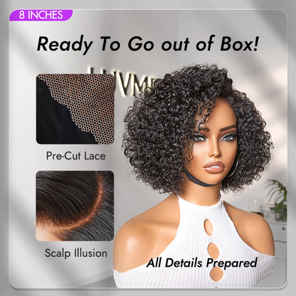 Luvme short curly minimalist HD lace wig with side part, glueless application, 100% human hair, pre-cut lace, natural hairstyle.