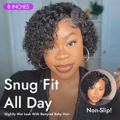 Luvme minimalist lace wig with short curly style, glueless HD lace, 100% human hair, pre-cut side part, natural finish.