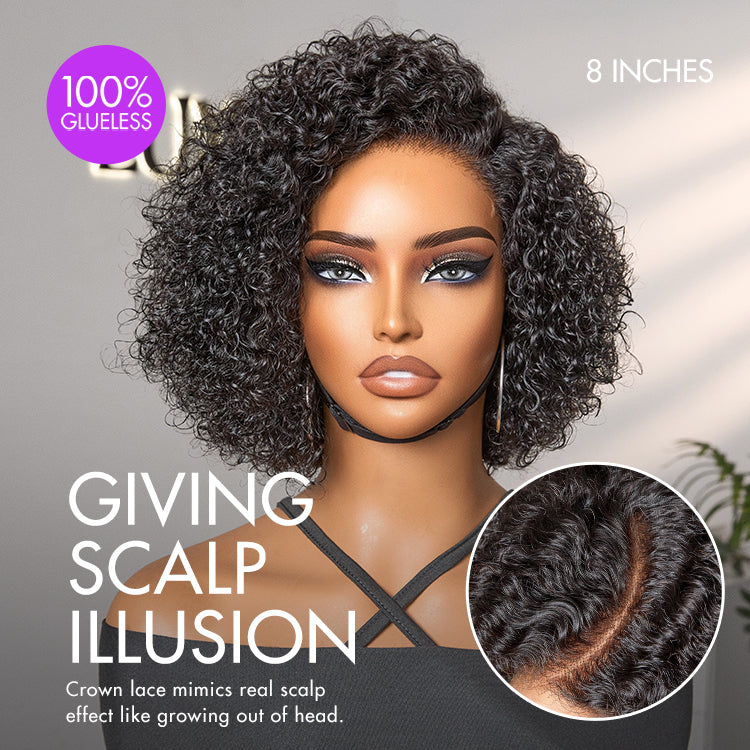 Luvme short cut curly minimalist HD lace wig with glueless side part, 100% human hair and pre-cut lace for natural look.