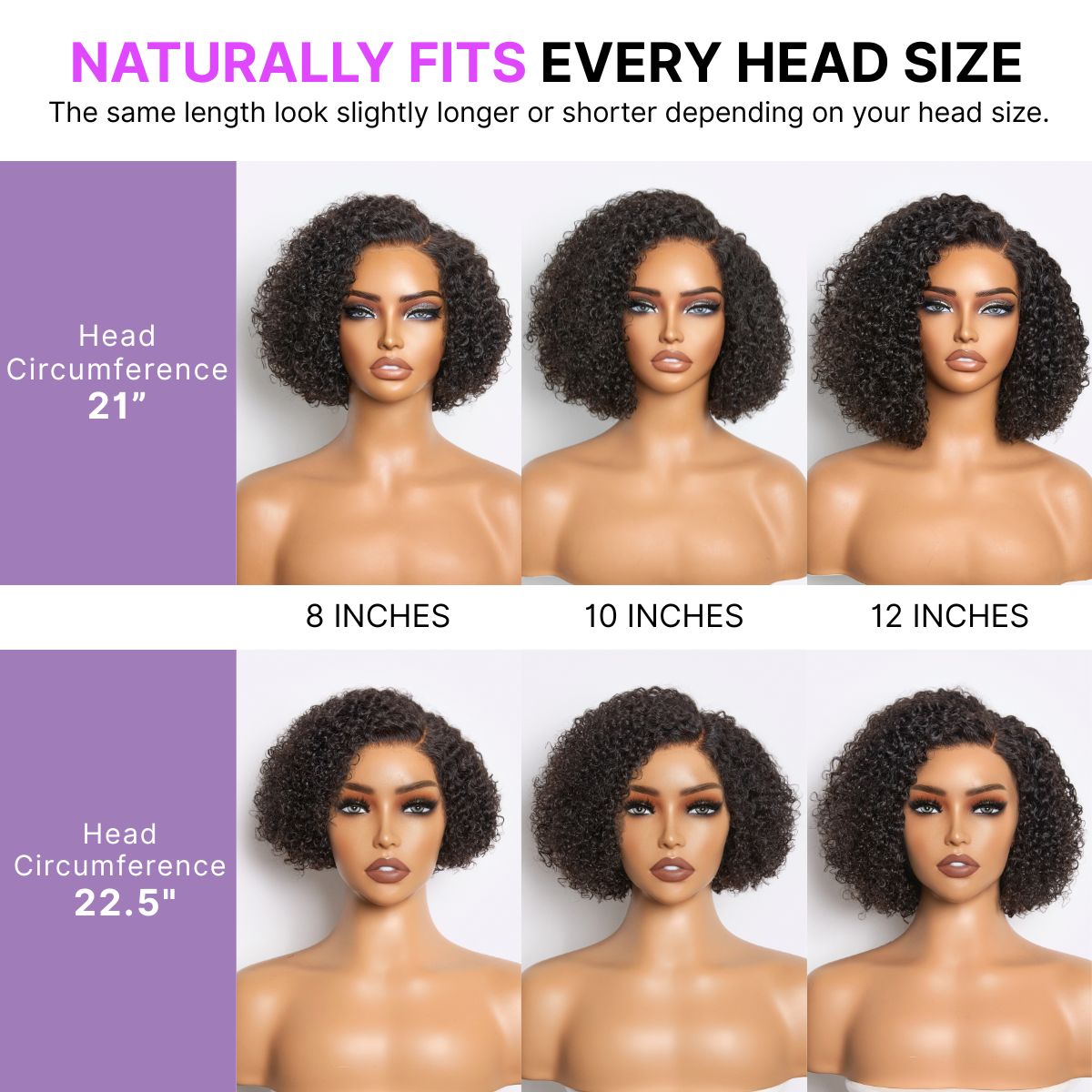 Luvme short curly minimalist lace wig with side part, 100% human hair, pre-cut lace, glueless design on a mannequin head.